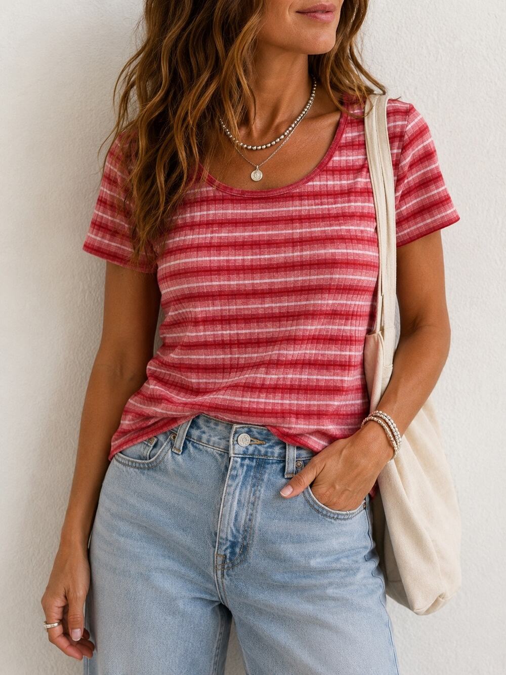 LULAROE Classic Tee Red Pink Striped Ribbed Scoop Neck Stretch Top NWT | Small